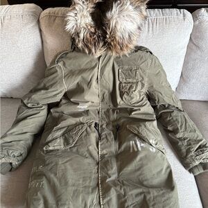 Women's Olive Parka with Faux Fur Hood